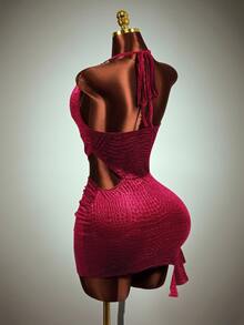 Mistrie Summer Fashion Sexy Hollow Backless Halter Neck Mini Dress Club Party Dark Red - Burgundy - View 3