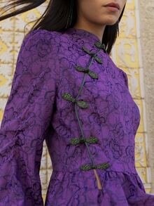 Nöista Women's Set, Floral,  Purple Tones. Collar Band,  Peplum Top, Ruffle Cuffs, Matching Pants. Wedding Guest, Elegant,  Fall, Autumn, Winter Luxury Set - Purple - View 6
