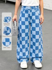 女童牛仔褲 開學季夏季新品 可愛休閒 嬰兒藍格紋 寬鬆寬腿 柔軟 日常穿著 校園通勤 - 藍色 - 查看 3