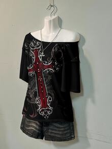Attitoon Casual Minimalist Cross Print Off-Shoulder Loose Fit Women's T-Shirt/Graphic T-Shirt Plus Size T-Shirt - Multicolor - View 7