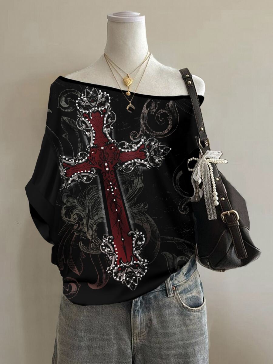 Attitoon Casual Minimalist Cross Print Off-Shoulder Loose Fit Women's T ...