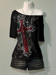 Attitoon Casual Minimalist Cross Print Off-Shoulder Loose Fit Women's T-Shirt/Graphic T-Shirt Plus Size T-Shirt - Multicolor - View 4