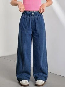 SHEIN Vintaside Kids 青少年女孩牛仔寬腿長褲，深藍色，休閒百搭日常校園風，彈性腰帶，寬鬆版型，適合學校假期夏季 - 深色水洗藍 - 查看 3