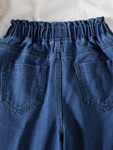 SHEIN Vintaside Kids 青少年女孩牛仔寬腿長褲，深藍色，休閒百搭日常校園風，彈性腰帶，寬鬆版型，適合學校假期夏季 - 深色水洗藍 - 查看 5