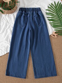 SHEIN Vintaside Kids 青少年女孩牛仔寬腿長褲，深藍色，休閒百搭日常校園風，彈性腰帶，寬鬆版型，適合學校假期夏季 - 深色水洗藍 - 查看 2