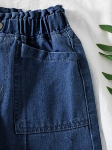 SHEIN Vintaside Kids 青少年女孩牛仔寬腿長褲，深藍色，休閒百搭日常校園風，彈性腰帶，寬鬆版型，適合學校假期夏季 - 深色水洗藍 - 查看 4