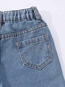 SHEIN 女童寬鬆直筒破洞牛仔褲 嬰兒藍 街頭風 甜美可愛 大蝴蝶結 多個3D口袋 撕裂設計 全季夏季 牛仔女郎風 - 中等水洗藍 - 查看 5