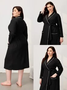 LUVLETTE Fall Plus Size Soft Black Cotton Women Waffle Knit Long Sleeve Robe With Tie Night Gown Women Bath Robe Pyjama - Black - View 2