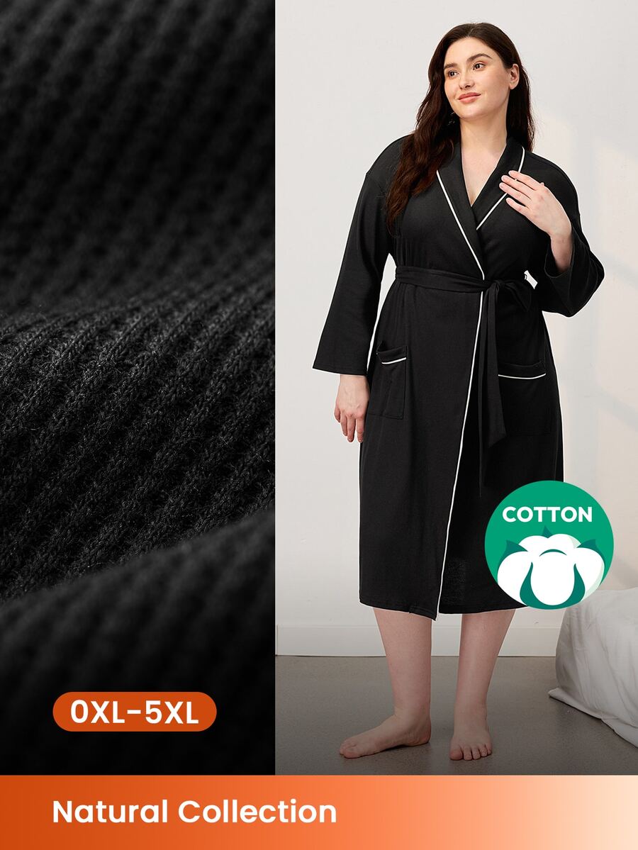 LUVLETTE Fall Plus Size Soft Black Cotton Women Waffle Knit Long Sleeve Robe With Tie Night Gown Women Bath Robe Pyjama - Black - View 1