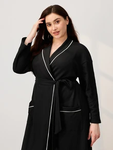 LUVLETTE Fall Plus Size Soft Black Cotton Women Waffle Knit Long Sleeve Robe With Tie Night Gown Women Bath Robe Pyjama - Black - View 4