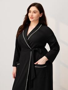 LUVLETTE Fall Plus Size Soft Black Cotton Women Waffle Knit Long Sleeve Robe With Tie Night Gown Women Bath Robe Pyjama - Black - View 10