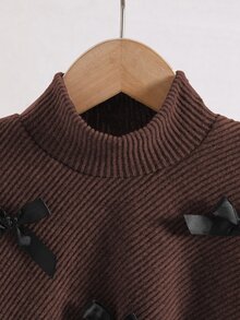 SHEIN Tween女孩 春/秋/冬休閒T恤套裝，設計為不對稱套頭高領針織羅紋刷毛布料棕色純色長袖T恤上衣，搭配棕色休閒喇叭褲，2件套裝，適合春/秋/冬返校季，優雅女士簡約通勤高端穿搭，適用於日常上學、外出、度假和派對 - 棕色 - 查看 3