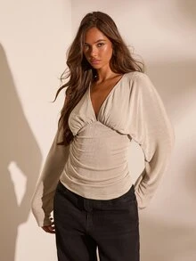 Opulessa Women's Solid Color V-Neck Batwing Long Sleeve Pleated Blouse - Silver - View 4