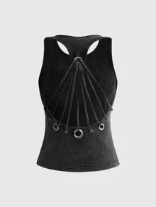 ROMWE Fall/Winter All-Season Casual Street Retro Y2K Punk Style Metal Eyelet Backless Fitted Tank Top - Dark Grey - View 9