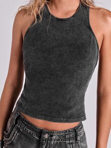 ROMWE Fall/Winter All-Season Casual Street Retro Y2K Punk Style Metal Eyelet Backless Fitted Tank Top - Dark Grey - View 8
