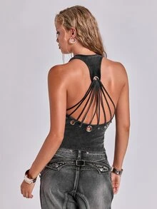 ROMWE Fall/Winter All-Season Casual Street Retro Y2K Punk Style Metal Eyelet Backless Fitted Tank Top - Dark Grey - View 4