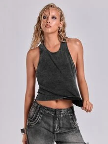 ROMWE Fall/Winter All-Season Casual Street Retro Y2K Punk Style Metal Eyelet Backless Fitted Tank Top - Dark Grey - View 2