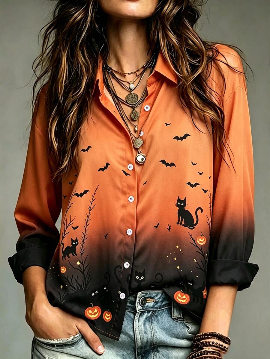 Trelyra Halloween Print Ombre Shirt - Multicolor - View 1