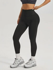 SHEIN Dewbera Minimalist Polka Dot Print Patchwork Slim Fit Sports Leggings - Black - View 4