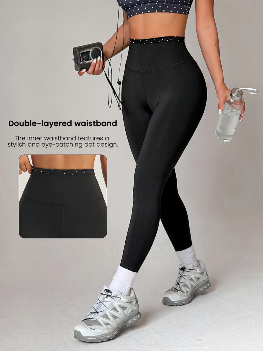 SHEIN Dewbera Minimalist Polka Dot Print Patchwork Slim Fit Sports Leggings - Black - View 1