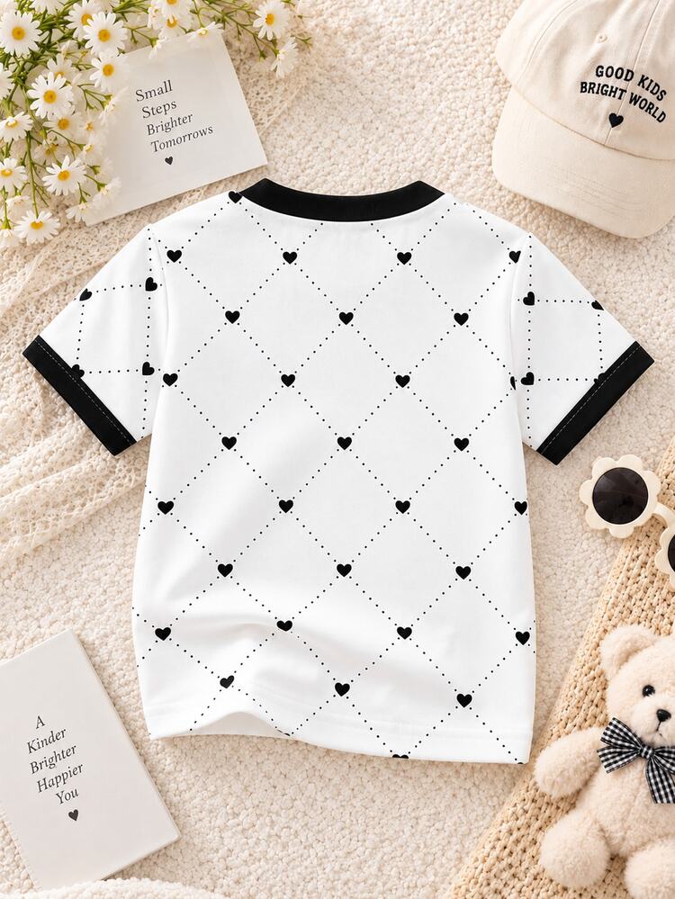 SHEIN Playful Pals Infant/Baby Girl Heart Print Round Neck Short Sleeve T-Shirt Cute Summer White And Black Versatile Pullover Tee For School Back-To-School Fits 6M-3T - Multicolor - View 2