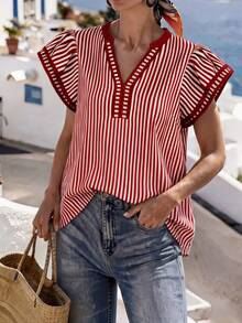 EMERY ROSE Women's Casual Striped V-Neck Top, White & Red Color Block Summer Bohemian Style Vacation Blouse - Multicolor - View 3