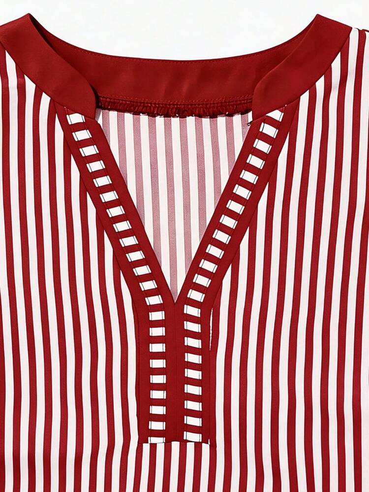 EMERY ROSE Women's Casual Striped V-Neck Top, White & Red Color Block Summer Bohemian Style Vacation Blouse - Multicolor - View 5