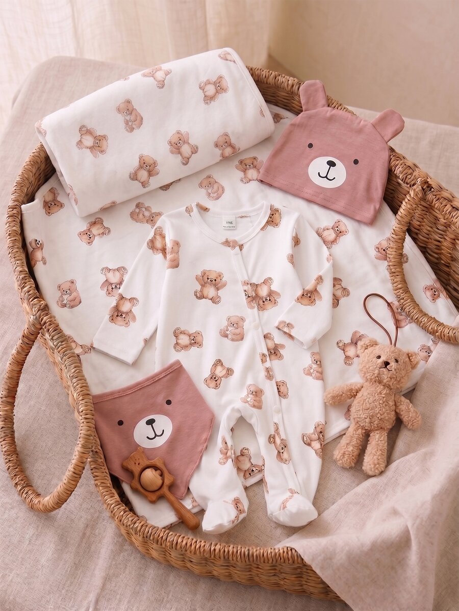 4 Pieces Newborn Long Sleeve Romper, Hat, Bib, Swaddle Blanket - Multicolor - View 1