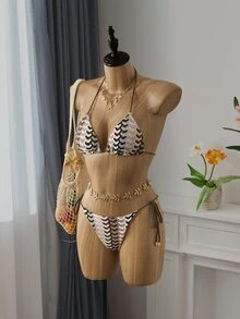 Swim Vcay Women All-Over Print Halter Twist Front Split Bikini Set For Summer Beach Vacation For Holiday, Date, - Brown - View 7