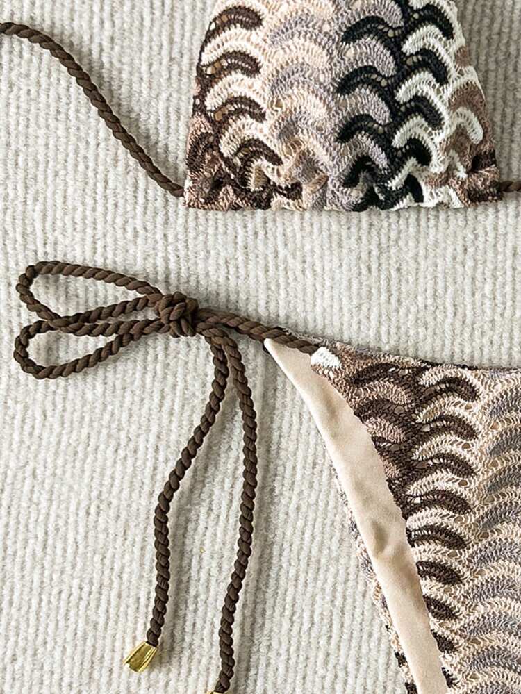 Swim Vcay Conjunto de bikini con corte halter, diseño twist y abertura frontal en estampado total para mujer - Marrón - Añade 4