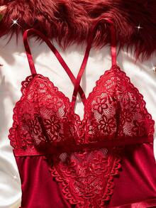 Seduluxe 2pcs Women Lace Patchwork Bodysuit (Strapless/Garter Belt) For Going Out - Burgundy - View 5