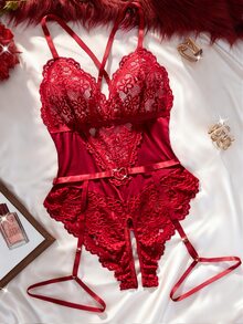 Seduluxe 2pcs Women Lace Patchwork Bodysuit (Strapless/Garter Belt) For Going Out - Burgundy - View 1