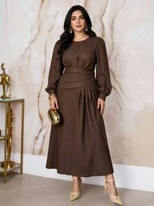 Modelyn Plus Size Elegant Commuter Solid Color Long Dress - Coffee Brown - View 8