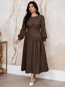 Modelyn Plus Size Elegant Commuter Solid Color Long Dress - Coffee Brown - View 4
