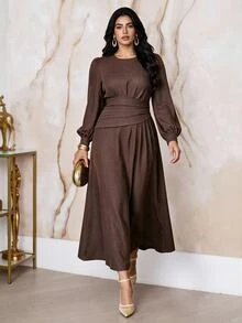 Modelyn Plus Size Elegant Commuter Solid Color Long Dress - Coffee Brown - View 2