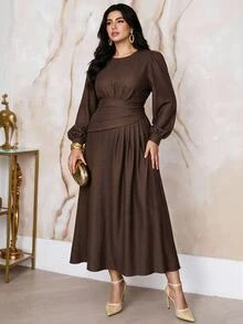 Modelyn Plus Size Elegant Commuter Solid Color Long Dress - Coffee Brown - View 1