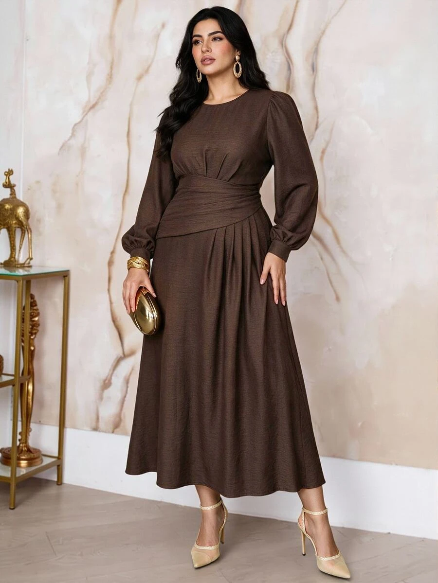 Modelyn Plus Size Elegant Commuter Solid Color Long Dress - Coffee Brown - View 1