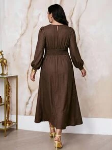 Modelyn Plus Size Elegant Commuter Solid Color Long Dress - Coffee Brown - View 5