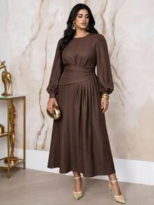 Modelyn Plus Size Elegant Commuter Solid Color Long Dress - Coffee Brown - View 7
