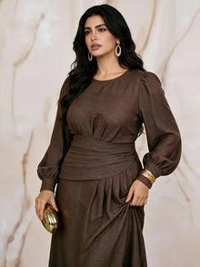Modelyn Plus Size Elegant Commuter Solid Color Long Dress - Coffee Brown - View 6