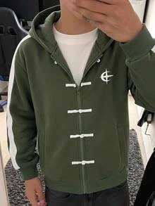 SHEIN 兒童青少年男孩休閒連帽開襟抓絨衛衣，適合秋冬穿著 - 軍綠色 - 查看 8