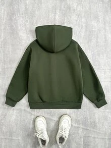 SHEIN 兒童青少年男孩休閒連帽開襟抓絨衛衣，適合秋冬穿著 - 軍綠色 - 查看 4