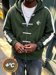 SHEIN 兒童青少年男孩休閒連帽開襟抓絨衛衣，適合秋冬穿著 - 軍綠色 - 查看 7