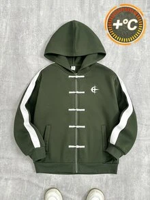 SHEIN 兒童青少年男孩休閒連帽開襟抓絨衛衣，適合秋冬穿著 - 軍綠色 - 查看 3