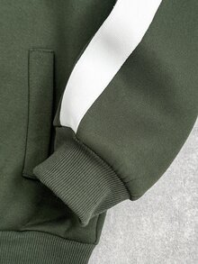 SHEIN 兒童青少年男孩休閒連帽開襟抓絨衛衣，適合秋冬穿著 - 軍綠色 - 查看 6