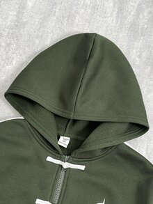 SHEIN 兒童青少年男孩休閒連帽開襟抓絨衛衣，適合秋冬穿著 - 軍綠色 - 查看 5