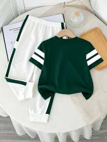 SHEIN 男童秋季新款休闲宽松舒适运动风圆领短袖上衣和裤子两件套 - 彩色 - 查看 3