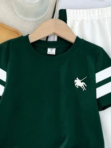 SHEIN 男童秋季新款休闲宽松舒适运动风圆领短袖上衣和裤子两件套 - 彩色 - 查看 5