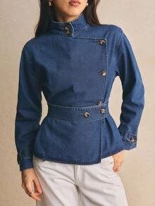 Firerie 女款立領長袖單排扣休閒復古優雅百搭牛仔外套，日常半正式穿著，藍色秋季外出上衣 - 深色水洗藍 - 查看 1