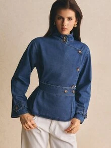 Firerie 女款立領長袖單排扣休閒復古優雅百搭牛仔外套，日常半正式穿著，藍色秋季外出上衣 - 深色水洗藍 - 查看 4